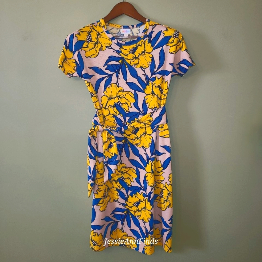 LuLaRoe Yellow Blue Floral Belted Marley Dress Size XXS
